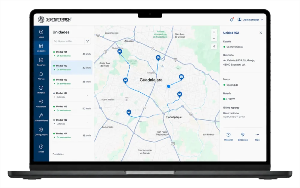 Mapa en vivo de la plataforma Sistemtrack con las unidades de la flota ubicadas en Guadalajara