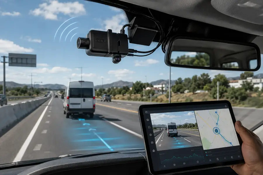 Dashcam 4G con GPS integrado en el parabrisas de una unidad, con video y mapa en vivo en una tablet