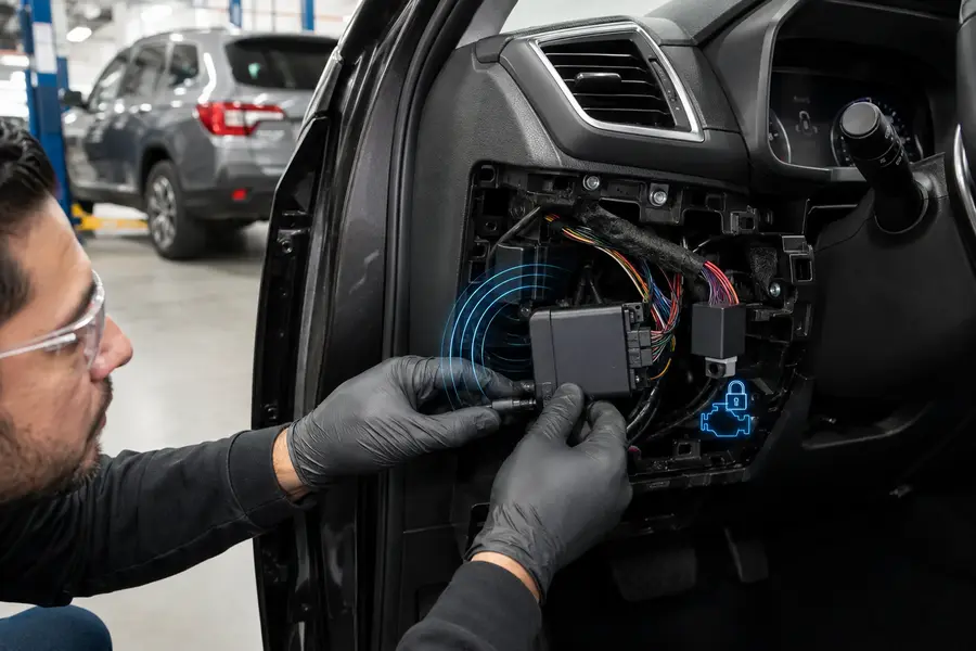 Técnico instalando un equipo GPS con inmovilizador oculto en el tablero de un vehículo