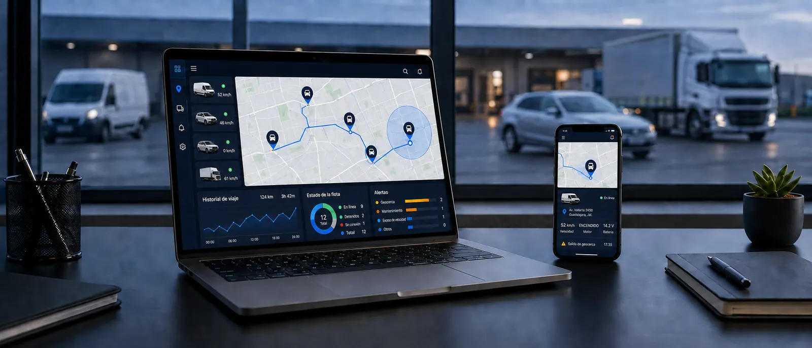 Plataforma de rastreo Sistemtrack en laptop y celular: mapa con las unidades en tiempo real, historial de viaje, estado de la flota y alertas